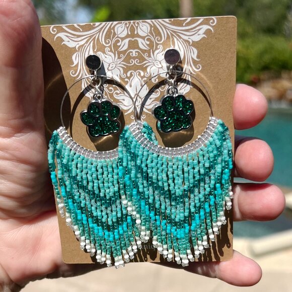 Handmade Beaded Long Fringe Paw Love Dangle Drop Lightweight Post Hoop Earrings - Picture 9 of 10